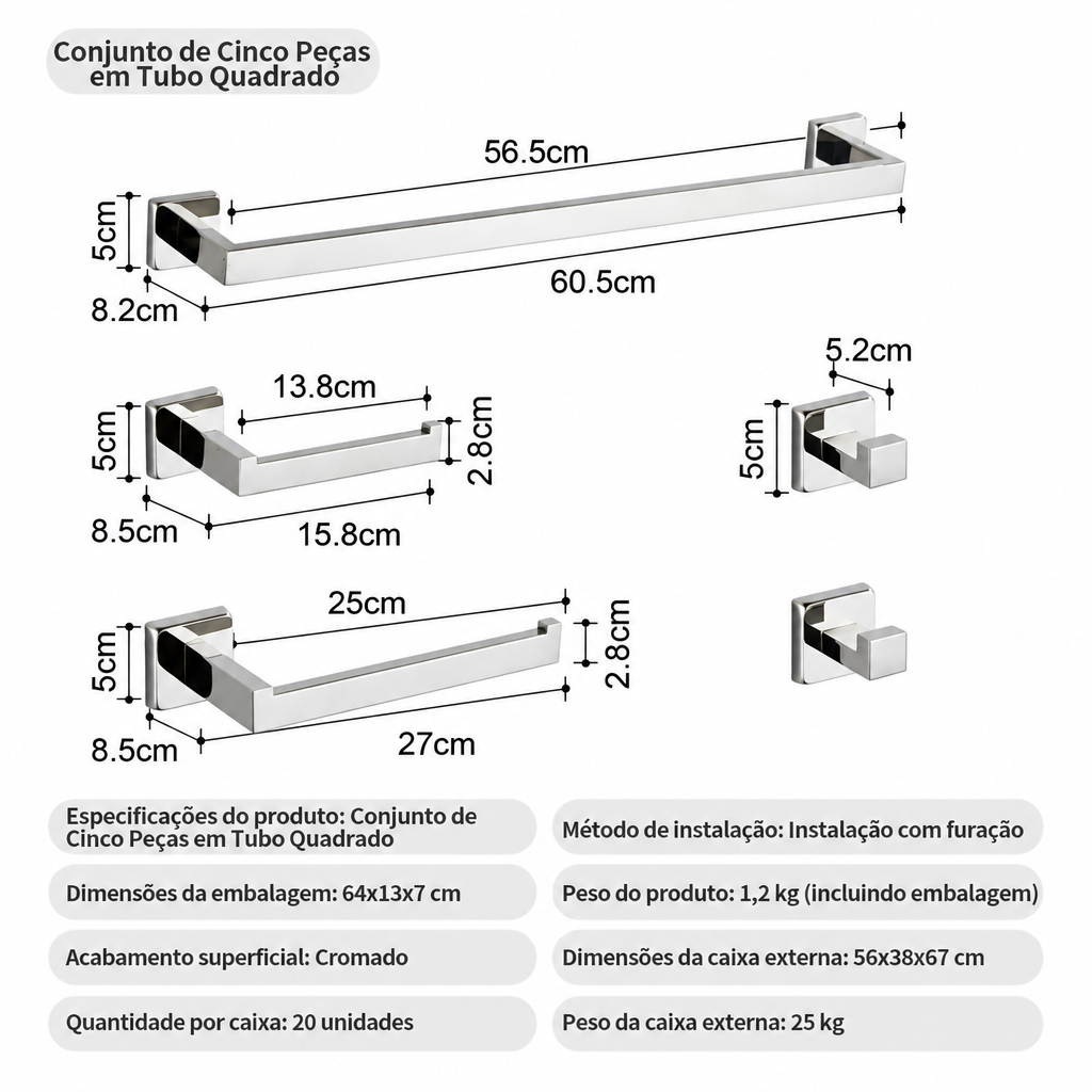 Kit Quadrado Luxo 5 peças - Cromado