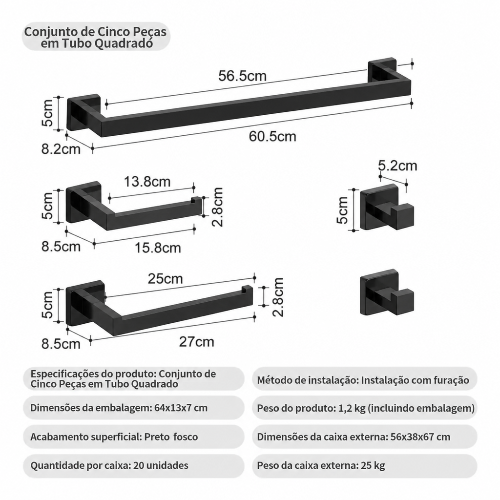 Kit Quadrado Luxo 5 peças - Preto