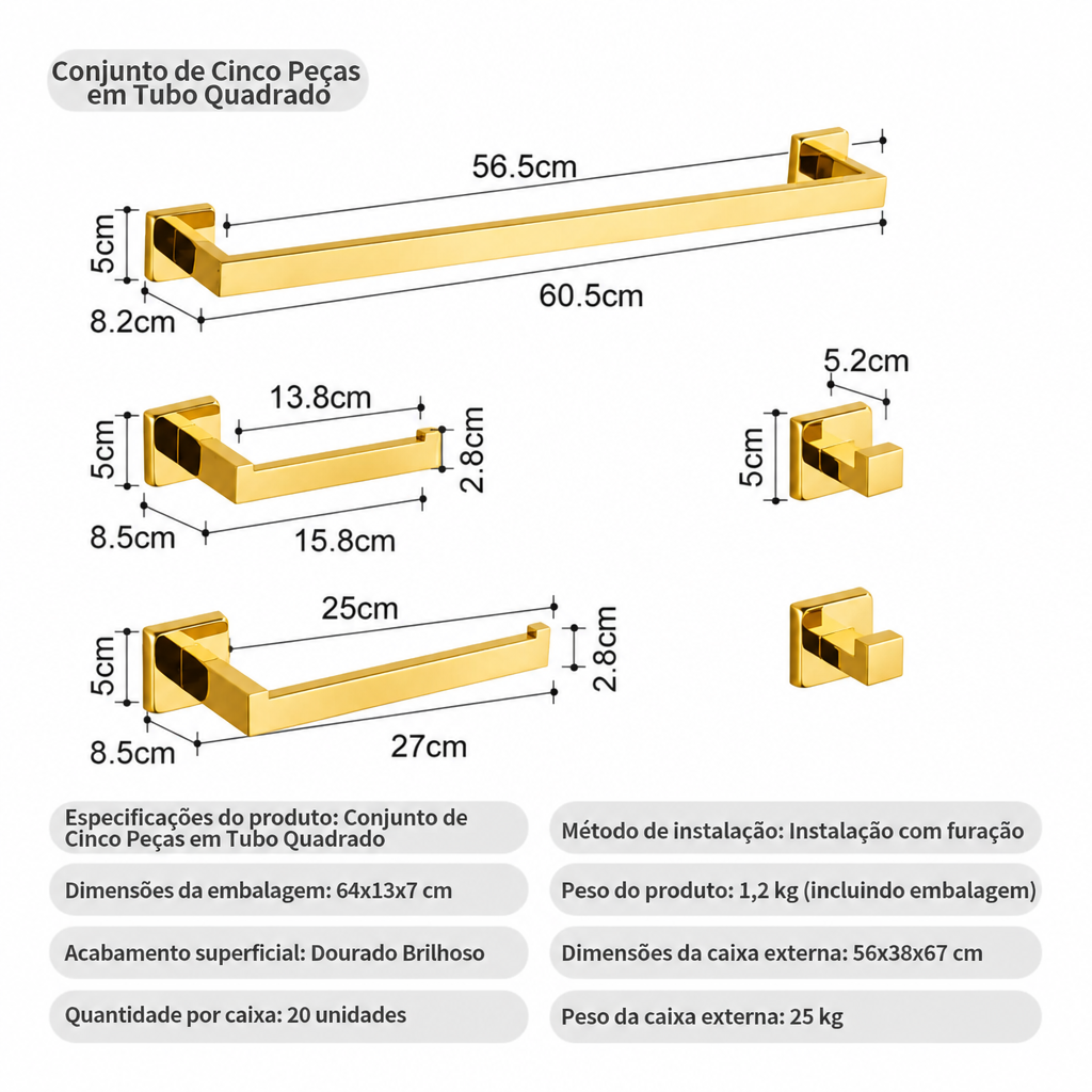 Kit Quadrado Luxo 5 peças - Dourado