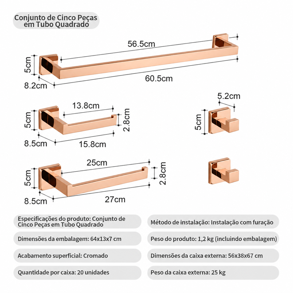 Kit Quadrado Luxo 5 peças - Rose Gold